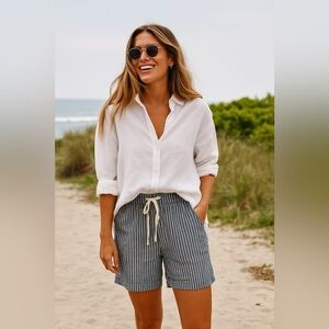 Sundance | Linen Cotton Striped Pull on Drawstring Shorts Lightweight Beachy